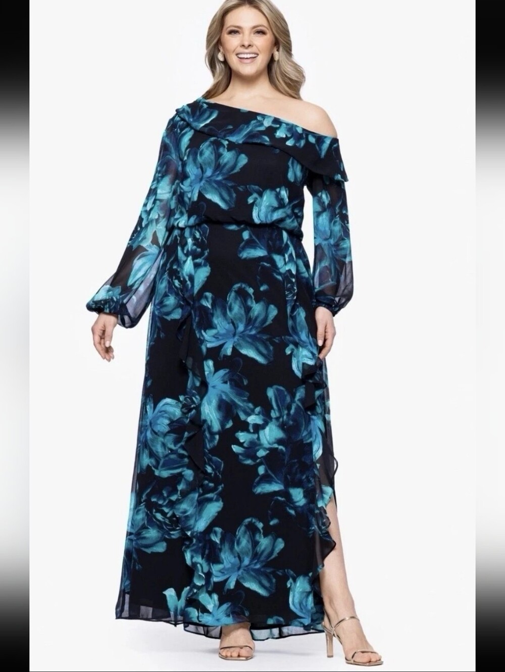 X by Xscape Plus Size 18W Black Teal Floral Chiffon Maxi Dress NWT Wedding $249